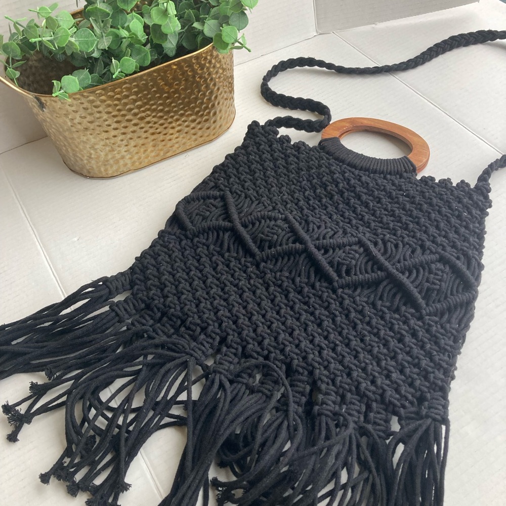 Danielle Nicole Black Macram Fringe Crossbody Han… - image 2